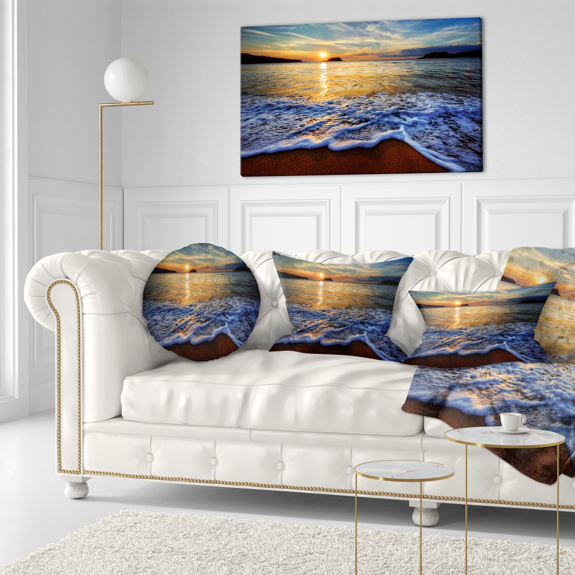 Designart Peaceful Sandy Beach with Waves - Throw Pillow - 12x20