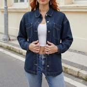 SwiftWear Cropped Washed Denim Jacket Shirt for Women with 2 Pockets – Relaxed Fit Button Down Trendy Short Shacket, Dark Blue