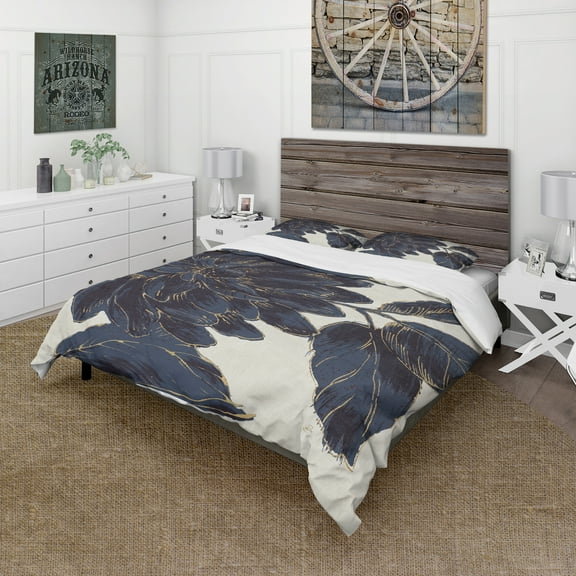 Designart 'Indigo Gold Metallic Flower' Farmhouse Duvet Cover Set