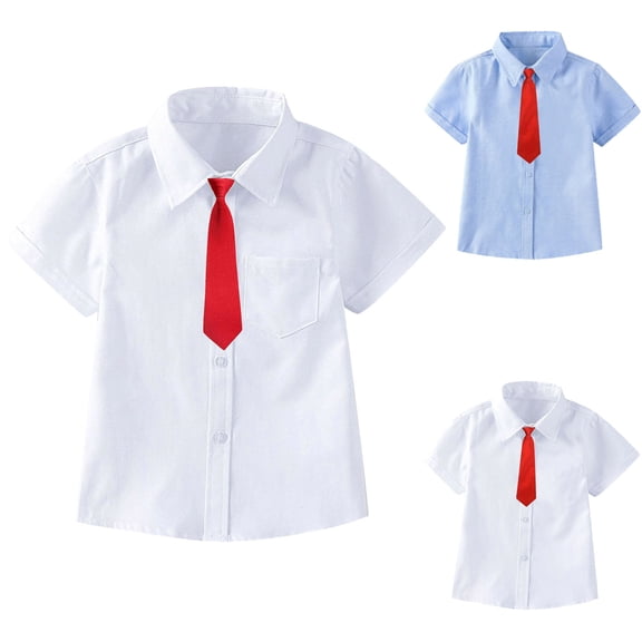 Falkdiz Short Sleeve Shirts for Boys Tie Button Up Cotton Back to School Casual Stylish Boys Tops Solid Color,Beige,Size: 2-3