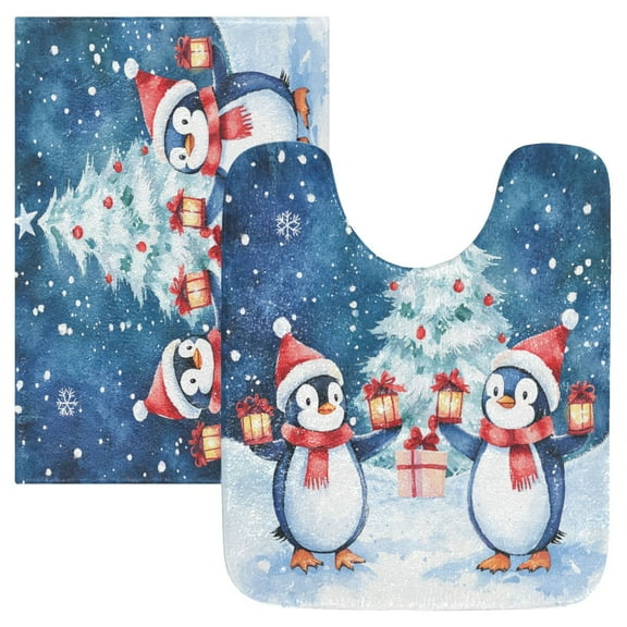 2 Piece Soft Bathroom Rug Set Two Cute Penguins Bath Mat and U-Shaped Toilet Contour Rug (16"x24" 20"x24")