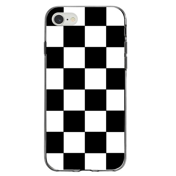 DistinctInk Clear Shockproof Hybrid Case for iPhone 7 8 SE (2020 Model) 4.7" Screen TPU Bumper Acrylic Back Tempered Glass Screen Protector - Black White Checkered Flag Geometric - Checkered Pattern