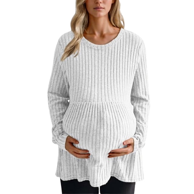 Diufon Hauts de Maternité pour Femmes Doux à Manches Longues Tuniques de Grossesse Blouses Col Rond Chandail Tricoté à Rayures Haut