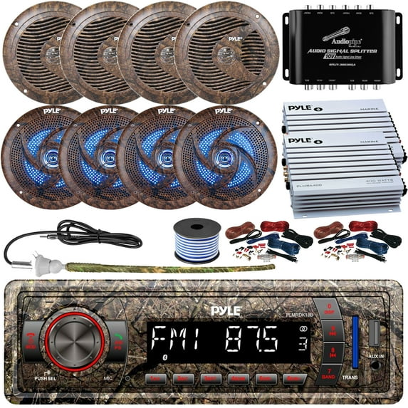 36' - 42' Boat Audio Bundle: Pyle Bluetooth Marine Receiver Bundle Combo with 4x 6.5'' Camo Marine Speakers, 4x 6.5" LED Speakers, 2x 4-Channel Amps w/ Wiring Kit, Signal Splitter, Antenna, Wire