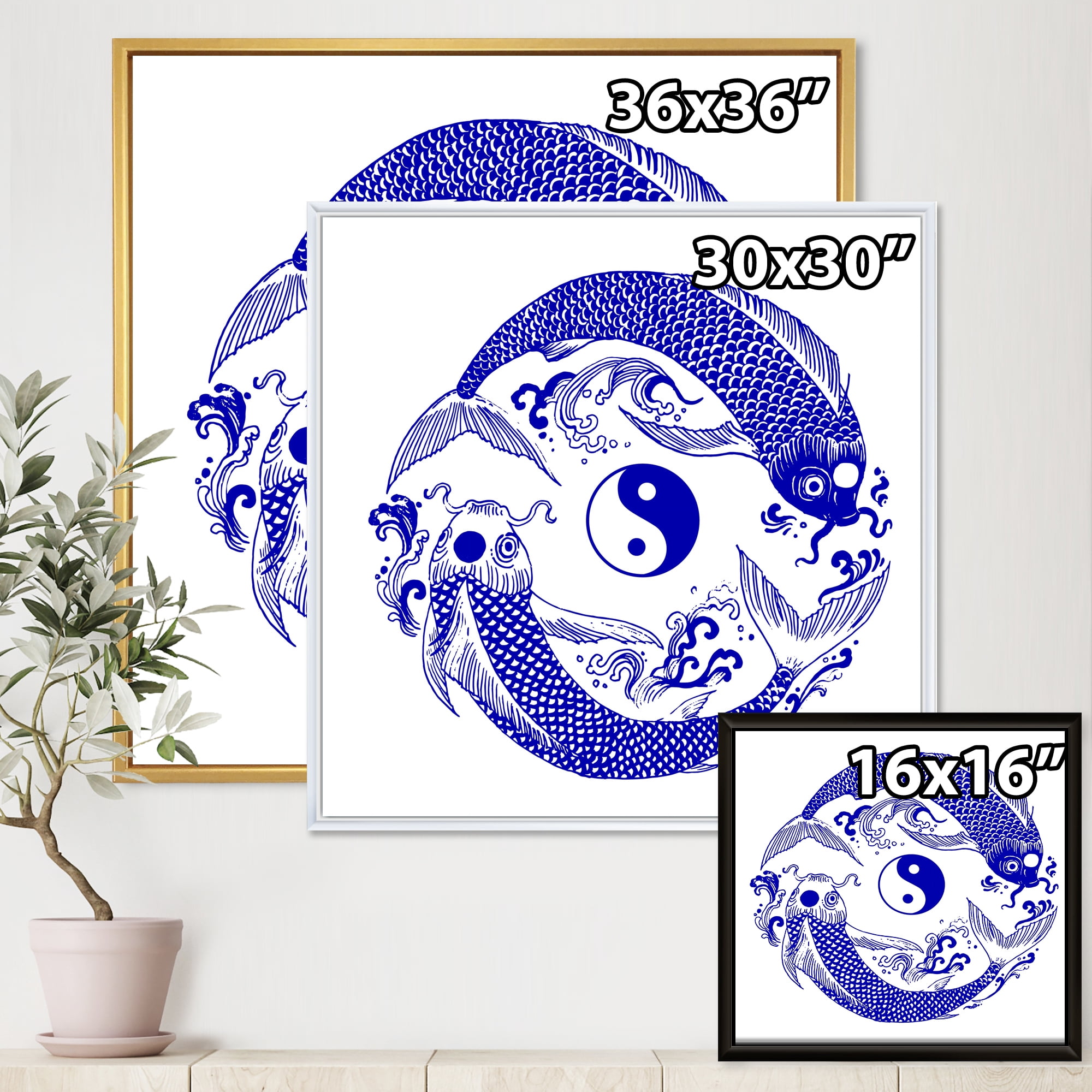 Designart 'Blue Chinoiserie Koi Fish II' Traditional Framed Canvas Wall Art Print