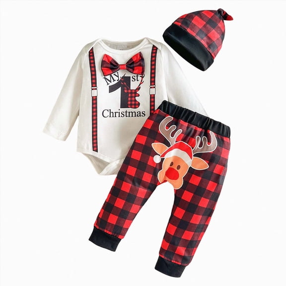 mgoYE My 1st Christmas Oufit Christmas Baby Boy Outfit Infant Romper Plaid Pants Hat 3Pcs 6-9 Months