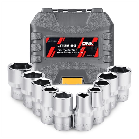 DNA Motoring TOOLS-00143 10 Pcs 1/2" Dr 6 Point SAE Impact Socket Set Chrome Vanadium Steel 3/8" to 15/16" With Carry Case