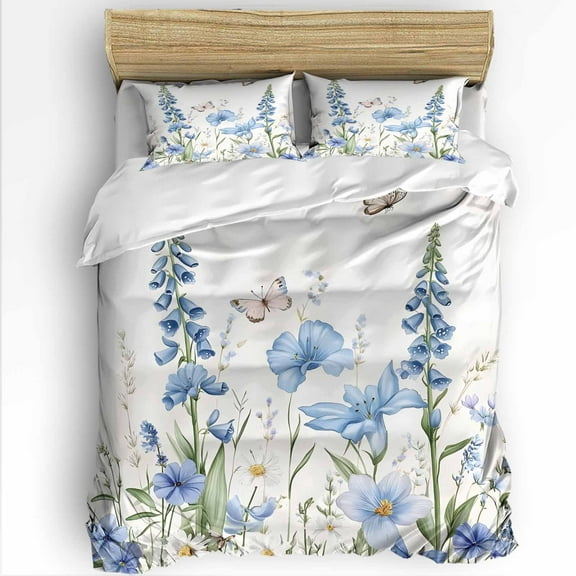 Blue Floral Twin Size Comforter Set, Spring Bluebells Wildflowers Butterfly Botanical Soft Bedding for All Seasons, 4 Pcs Bed Set with 1 Comforter (68"x86") ,1Sheet(66"x116"), 2 Pillowcases (19"x29")