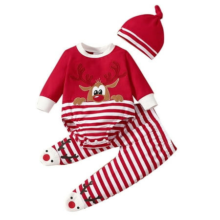 

New Born Babies Womens Checke Outfit Toddler Boys Girls Christmas Stripe Deer Top Pants Hat Set Outfits Clothes Summer Wear Girls