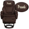 Flash Furniture Embroidered Contemporary Multi-Position Recliner and Ottoman with Swivel Mahogany Wood Base in Brown Microfiber