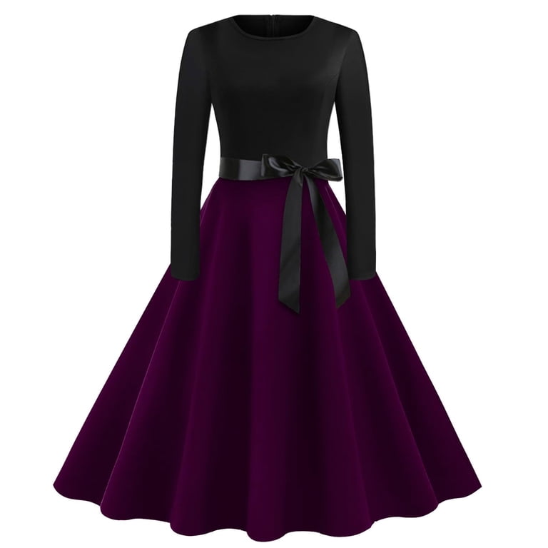 SMihono Long Sleeve Dress for Women Vintage Hepburn Style Swing Dress Color  Block Formal Church Dresses for Cocktail Purple S - Walmart.com