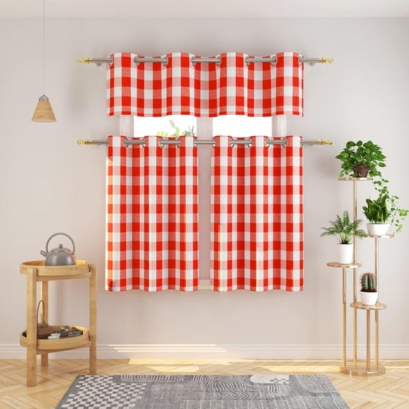 3 Pc Cotton Classic Country Farmhouse Kitchen Window Curtain Grommet Top -Red & White Buffalo Check Tier & Valance Set, 54" x 18" / 27" x 24"