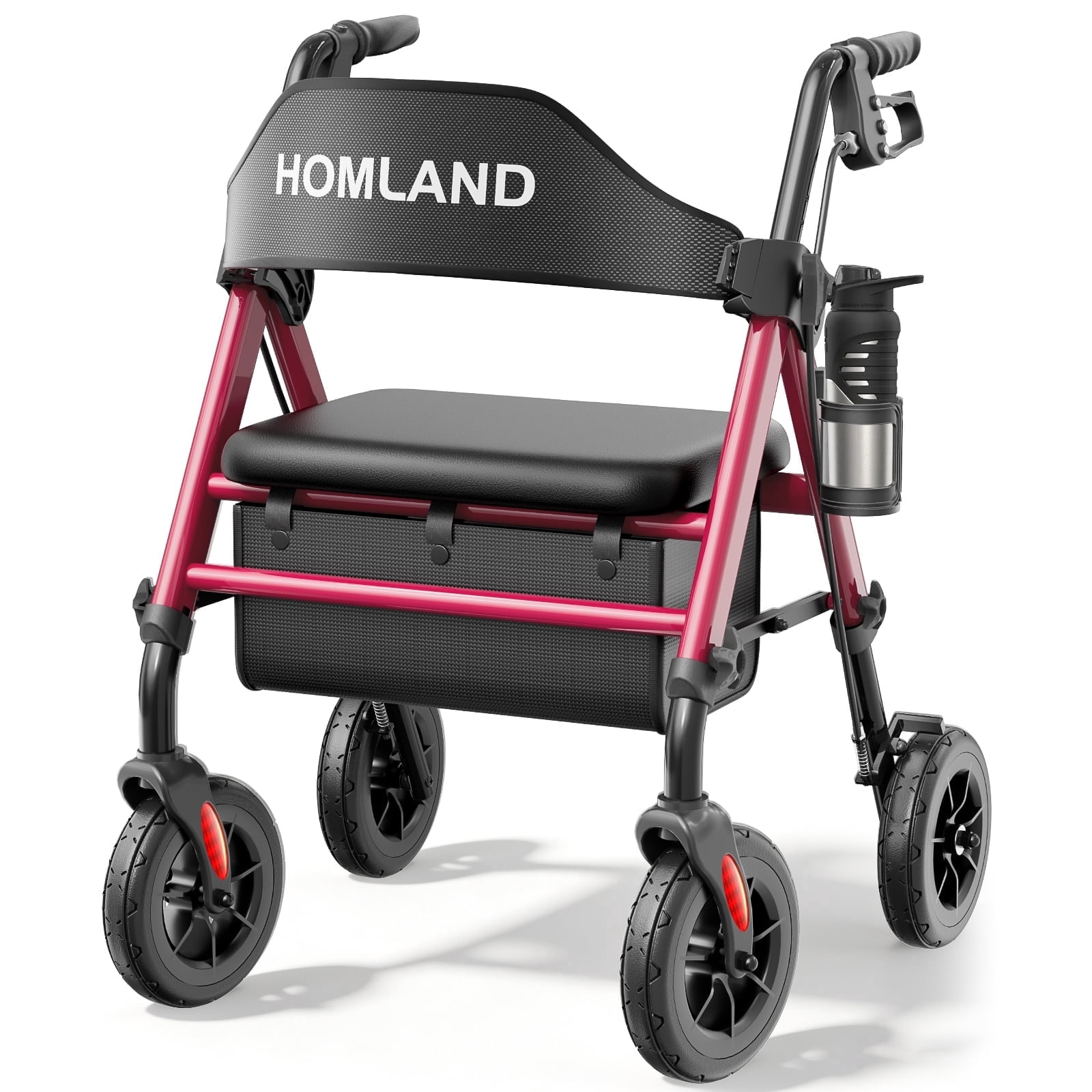 HOMLAND Walkers for Seniors with Memory Foam Seat, 350lb Capacity Heavy-Duty Aluminum Frame Adult Rollator, Foldable Mobility Walker Height-Adjustable 8" Big Rubber Wheels,Red