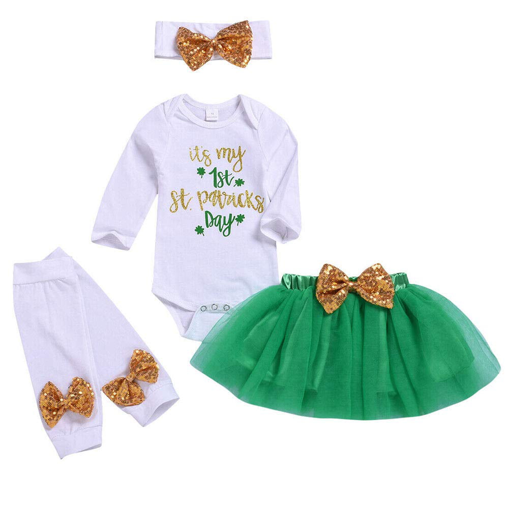 Baby Girl My 1st St Patricks Day Outfits Infant Girl Ruffle Sleeve Romper Tutu Skirt Leg Warmers with Headband Clothes Set