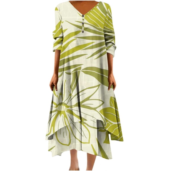 asdoklhq Mother Of The Bride Dresses for Women Casual Loose Printed Irregular Buttoned Hem-Neck 3/4 Sleeve Dresses Green M