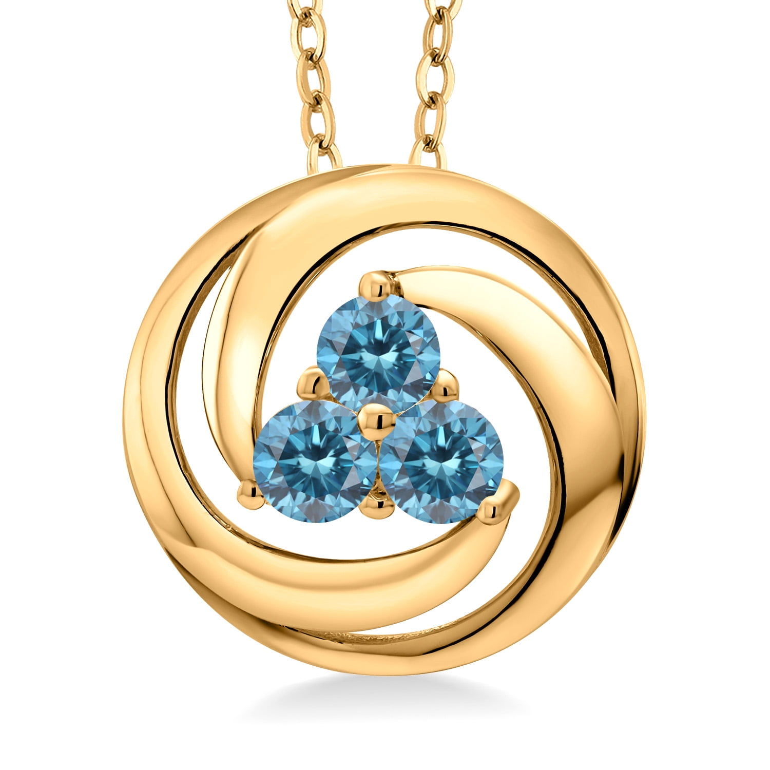 Gem Stone King 18K Yellow Gold Plated Silver Blue Lab Grown Diamond Pendant Necklace for Women | 0.81 Cttw | Gemstone April Birthstone | Round 4MM | With 18 inch Chain