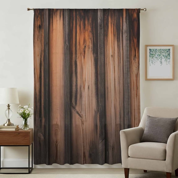 Retro Farmhouse Sheer Curtains 45 Inches Long, Brown Wooden Grain Cabin Country Plank Light Filering Curtains, Breathable Simi Curtain Privacy Drapes for Kitchen Bathroom Small Window Treatment