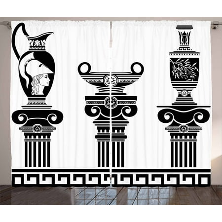 Two Column Design Toga Party Curtains 2 Panels Set, Set of Hellenic Vases and Ionic Columns Artistic Design Amphora Antiquity, Window Drapes for Living Room Bedroom, 108W X 90L Inches, Black and White, by Ambesonne ()