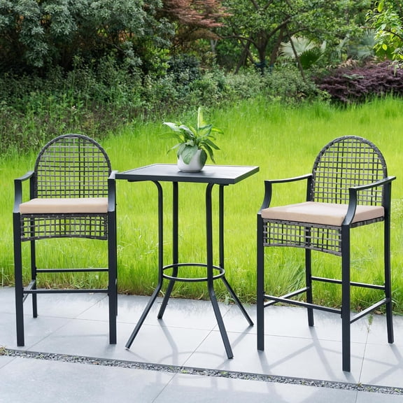 3 Piece Outdoor Patio Bar Set, Metal Steel Patio Furniture Set, High Top Patio Table and Chairs, 29.5" Wicker Bar Height Patio Bistro Set, Armrests Patio Conversation Set for Balcony, Khaki