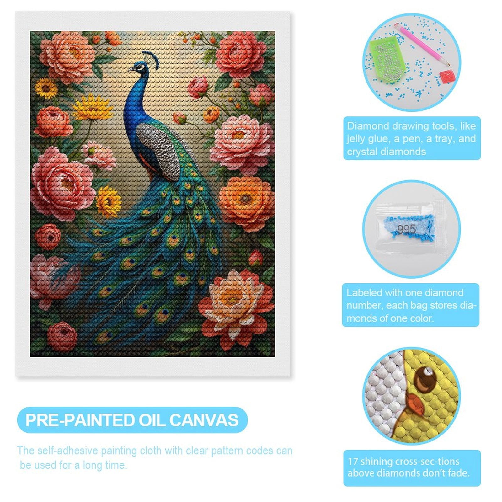 Diamond Art Kits for Adults, Peacock Among Vibrant Blossoms 5D Diamond Painting Kits for Adults Beginners, DIY Full Drill Diamond Painting, Gem Art and Crafts 12x16