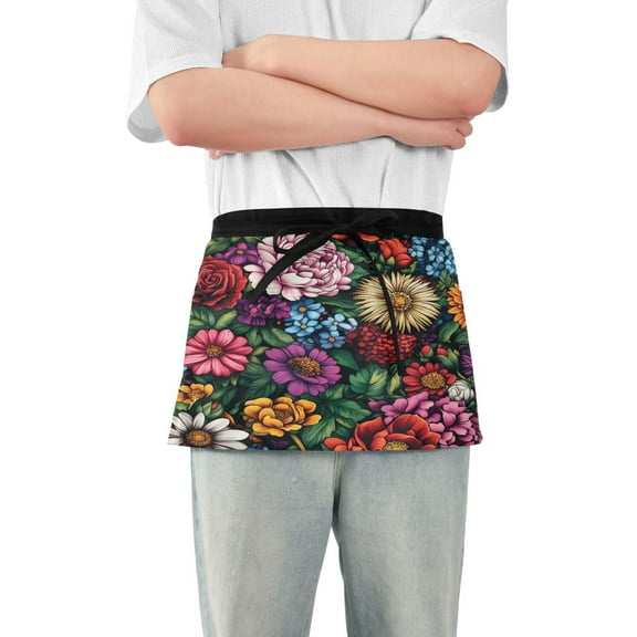Yayeee Waist Apron with Pockets for Cooking Waterproof Half Server Aprons, Vibrant Flowers Pattern