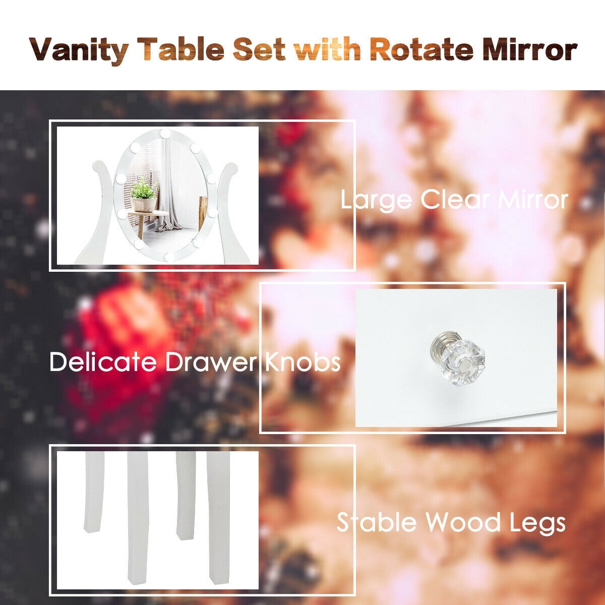 Gymax Vanity Table Set Makeup Dressing Table with10 Light Bulbs and Touch Switch, White