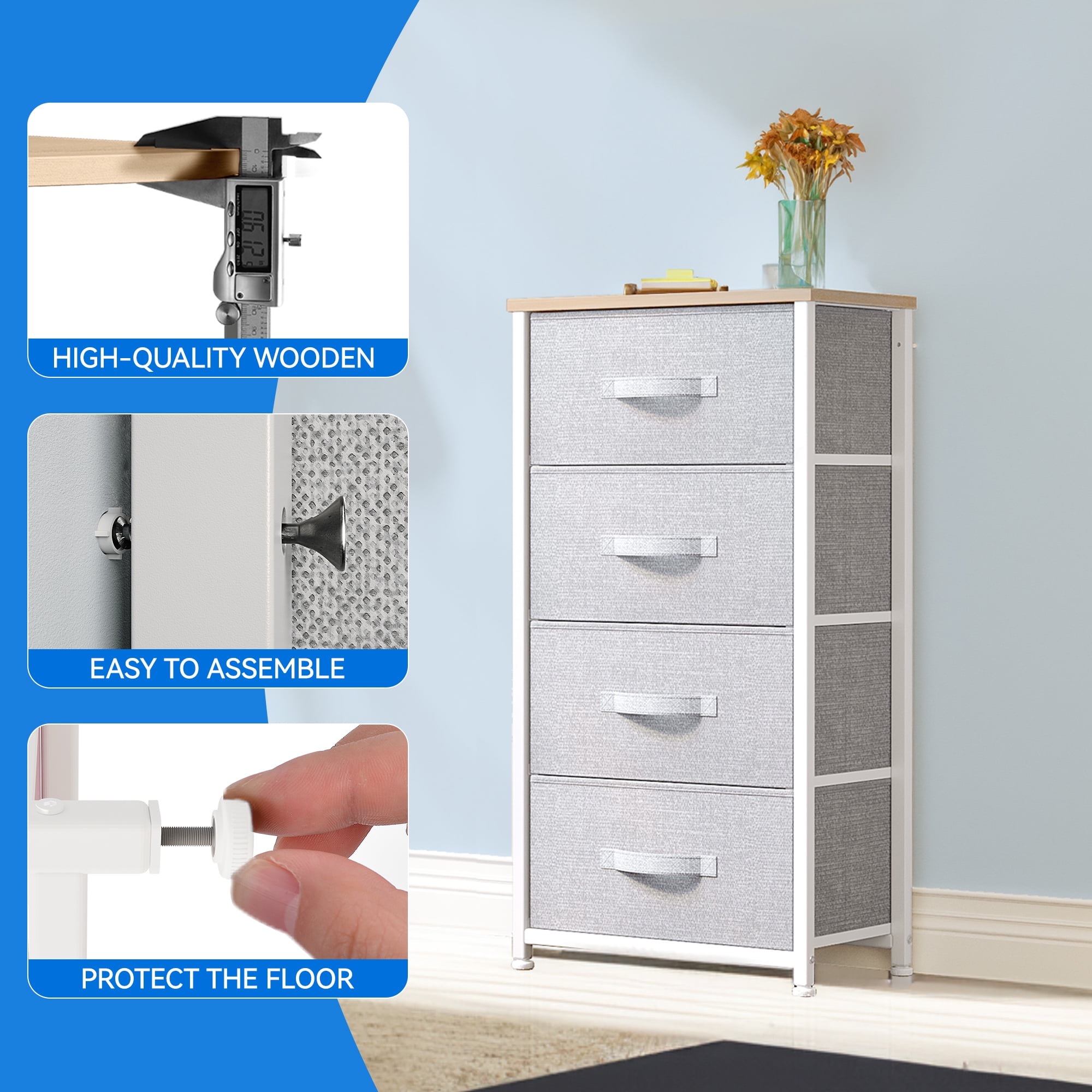 Uforic 4-Drawer Fabric Storage Dresser with Metal Frame & Wooden Top for Adults, Light Gray