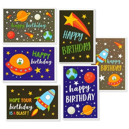 Birthday Card - 48-Pack Birthday Cards Box Set, 6 Outer Space Designs with Spaceships, Planets and Stars - Galaxy Happy Birthday Cards Bulk, Envelopes Included, 4 x 6