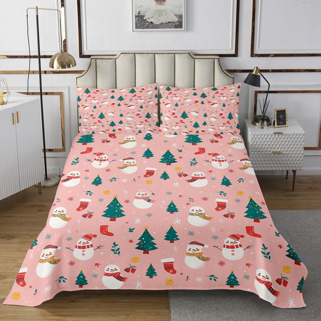 Cartoon Snowman Quilt Set Christmas Tree Queen Bedspread Set,Kawaii Coverlet Set Christmas Stockings Quilted,Cute Snowflake Pink Christmas Decorations