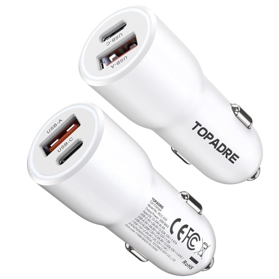 Topadre 2-Pack 38W Dual-Port PD USB C Car Charger, Fast Charging for iPhone 16/15/Pro/Pro Max, iPad, Samsung (White)