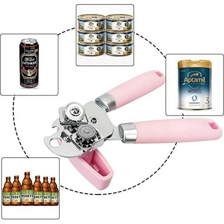 

Manual Can Opener Handheld Tin Opener Cork Screw Easy Turn Knob Built in Bottle Opener Hangs for Convenient Kitchen Storage Easily Open Tin Cans Pink