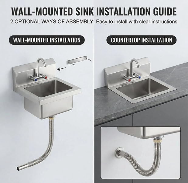 Garvee Commercial Stainless Steel Hand Sink with Swivel Faucet, Wall Mount or Drop-in Small Hand Wash Basin with Backsplash & Drain Kit for Restaurant, Bar, Kitchen, Garage