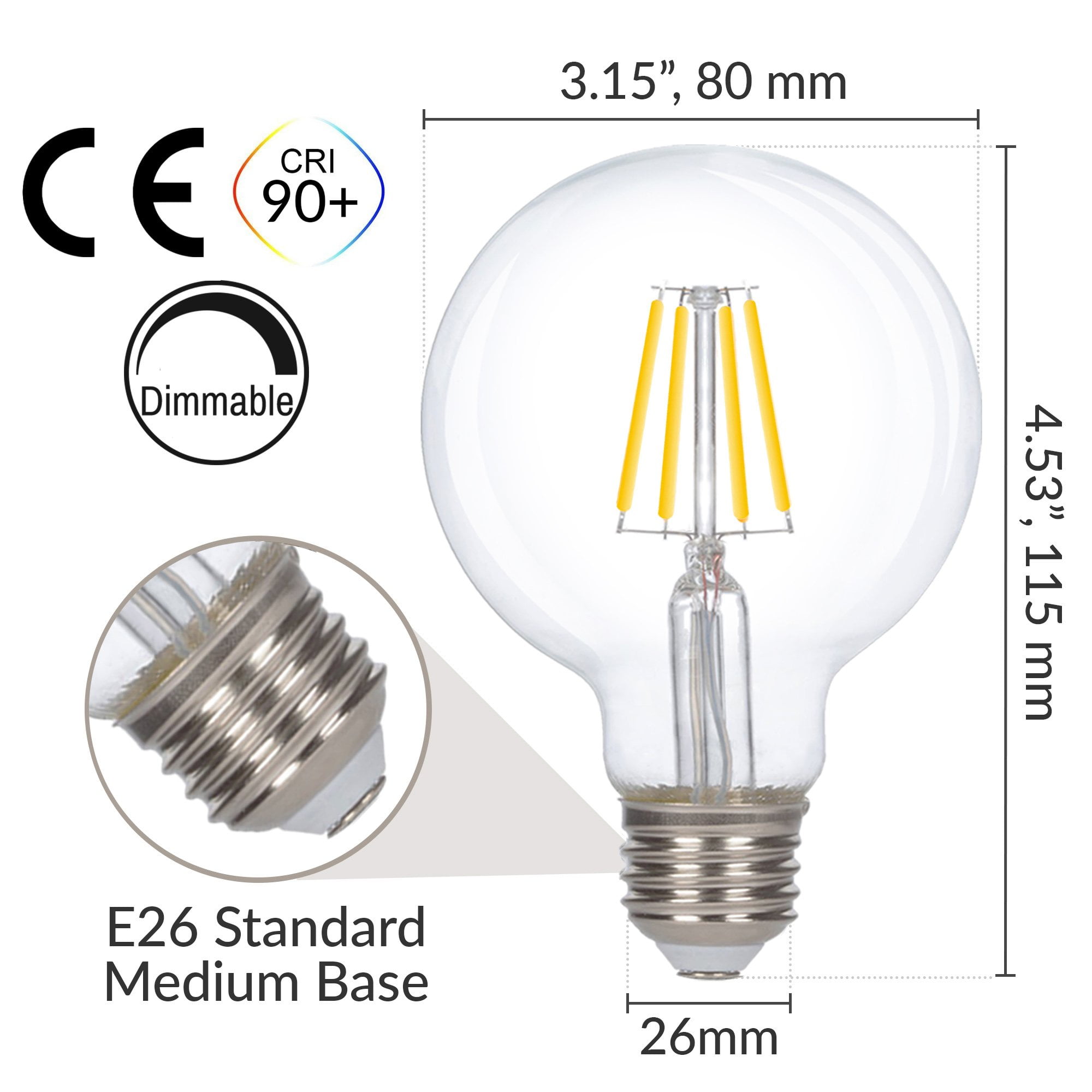 Simba Lighting LED Edison G25 Globe 6W 60W Equivalent Light Bulbs 120V E26 Base Dimmable 4000K, 6 Pack