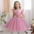 thumbnail image 2 of Girls' Dresses Toddler Fly Sleeve Dresses Pearl Decoration Solid Color Bowknot Birthday Wedding Party Princess Dress Size 5 Y-6 Y, 2 of 7