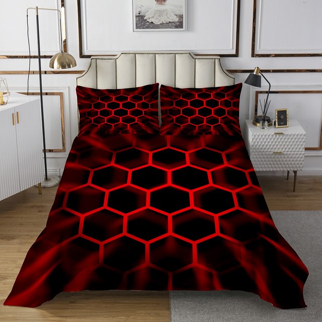 Erosebridal Red Honeycomb Coverlet Set Queen, Neon Geometry Bedding Set, Abstract Room Decor 3pcs