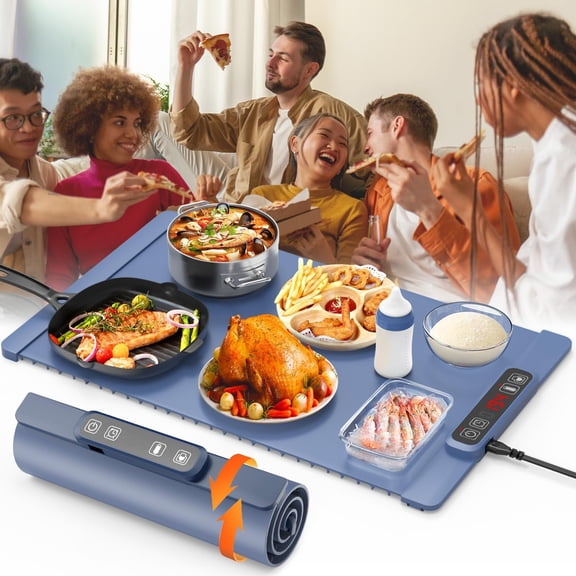 23.6x15.7 Inch Electric Food Warming Mat - 5 Temperature Settings, 10-Second Rapid Heat, Timer & Roll-Up Silicone Design