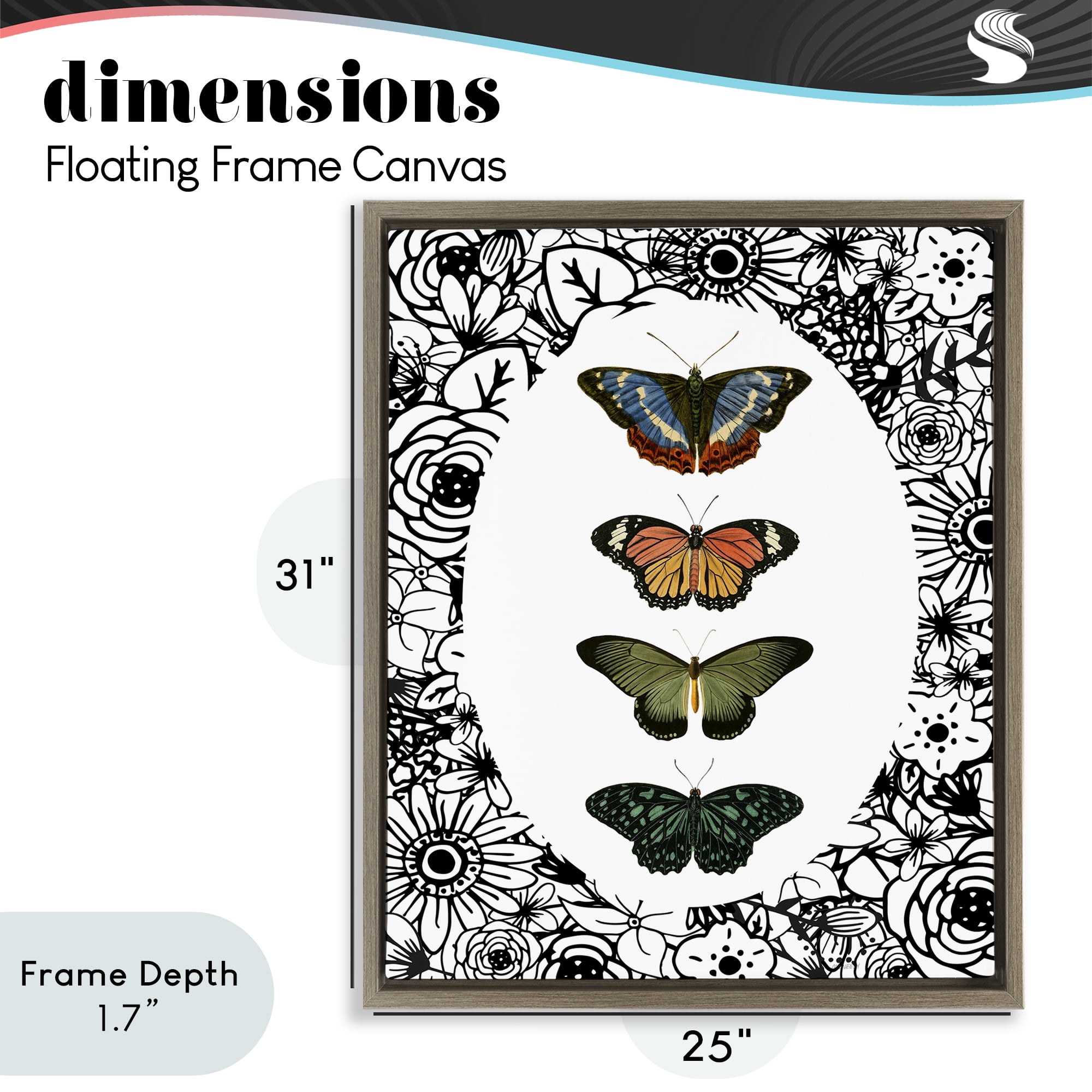 Stupell Industries Floral Border Butterfly Lineup Brown Framed Floater Canvas Wall Art, design by Dan Meneely