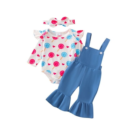 

Suealasg Infant Baby Girl Autumn Outfit Long Sleeve Lollipop Print Romper Suspender Pants Headband 3Pcs Newborn Girl Fall Clothes Set