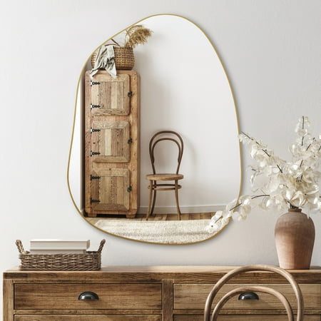 PERFNIQUE Irregular Wall Mirror Asymmetrical Mirror  32  x24   Golden Wood Framed Mirror for Bathroom Bedroom Living Room Entryway