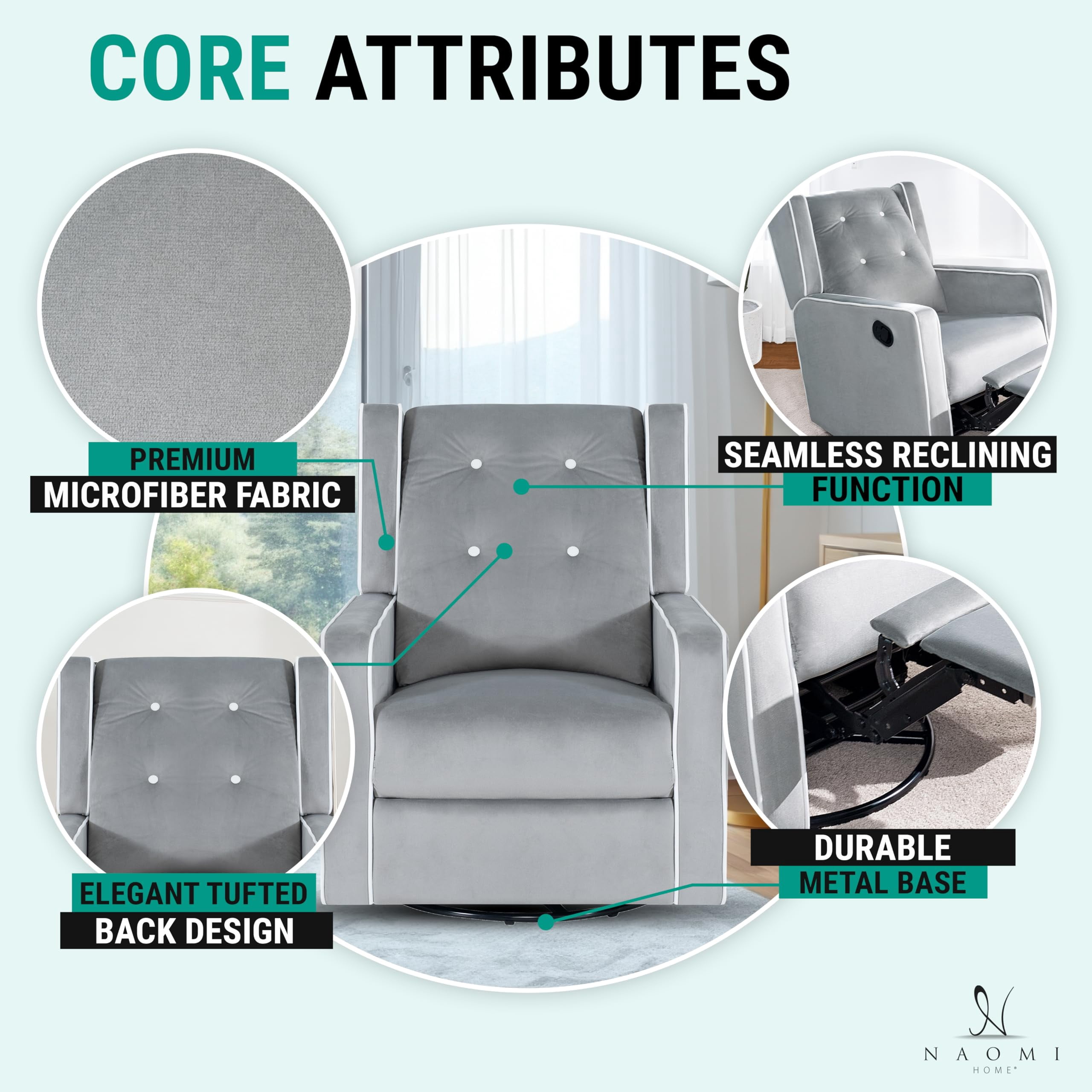 Relax and Bond with Your Baby in Style – Odelia 360° Swivel Glider Rocker Recliner for Nursery and Maternity | Plush Cushions, Gentle Rocking Motion, Soft Microfiber Upholstery - Light Gray