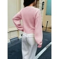 thumbnail image 4 of Women Button Up Cardigan Fall Trendy Crew Neck Long Sleeve Knit Cropped Sweater Jacket Pink S, 4 of 5