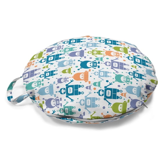 Robot Round Floor Cushion with Handle, Colorful Interpretation of Futuristic Technological Machines and Polka Dots Print, Decorative Pillow for Living Room & Dorms, 18" Round, Multicolor, by Ambesonne
