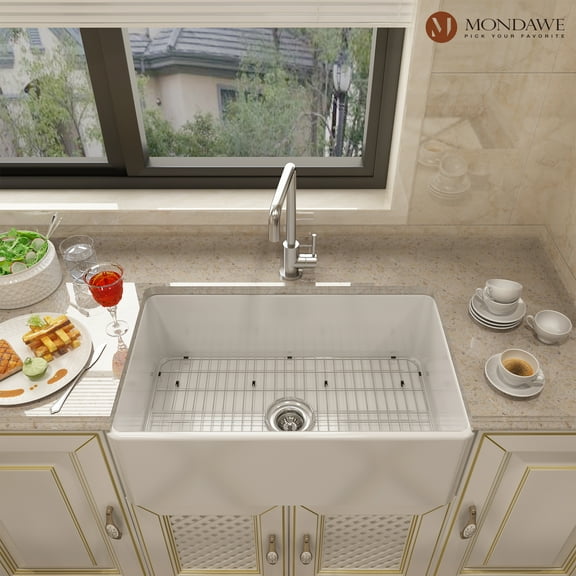 Mondawe 33" Fireclay Farmhouse Drop-In / Undermount Single Bowl Kitchen Sink in Gloss White/Black