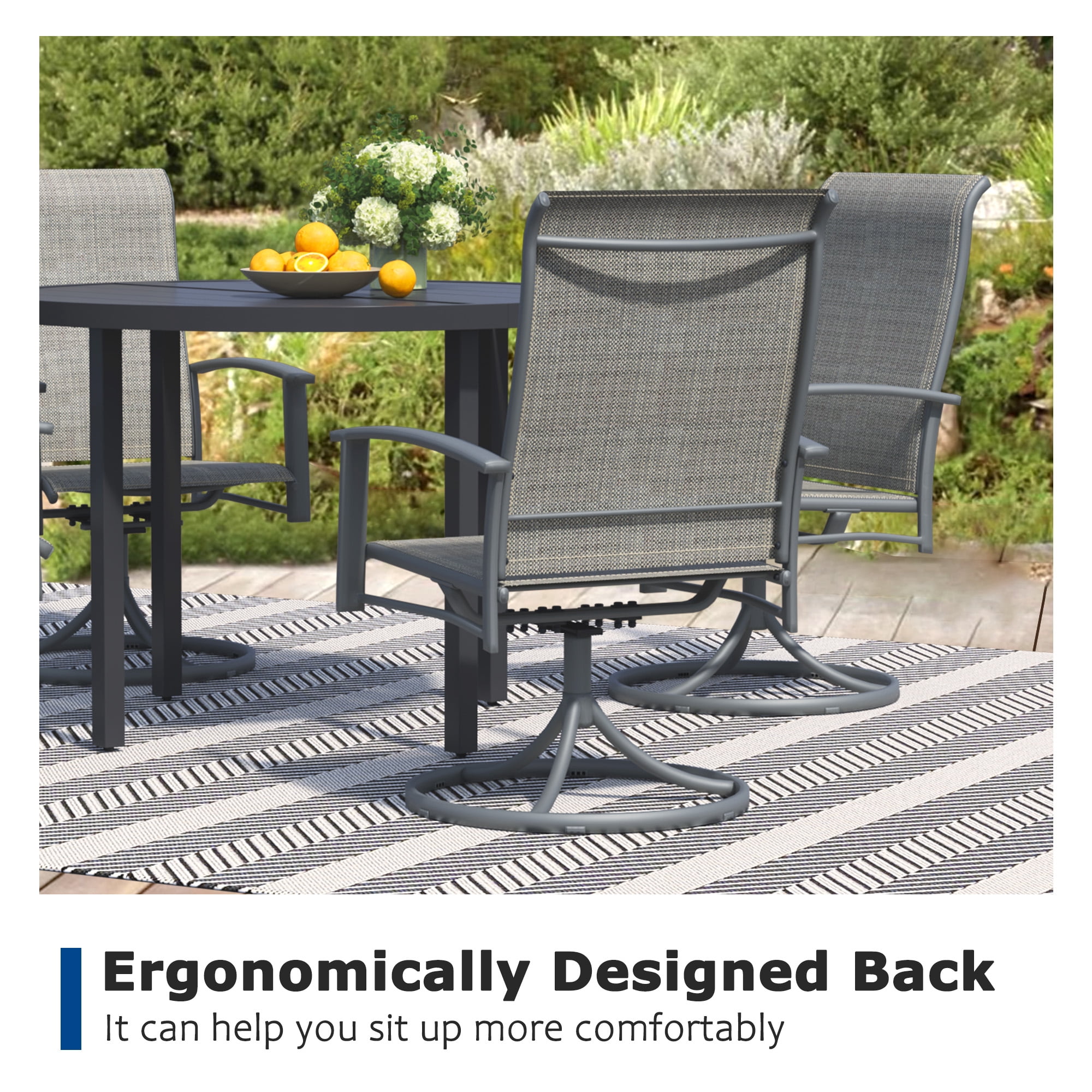 Swivel Patio Chairs Set of 6, Outdoor Metal Dining Armchairs, High Back Ergonomic Design, Gray