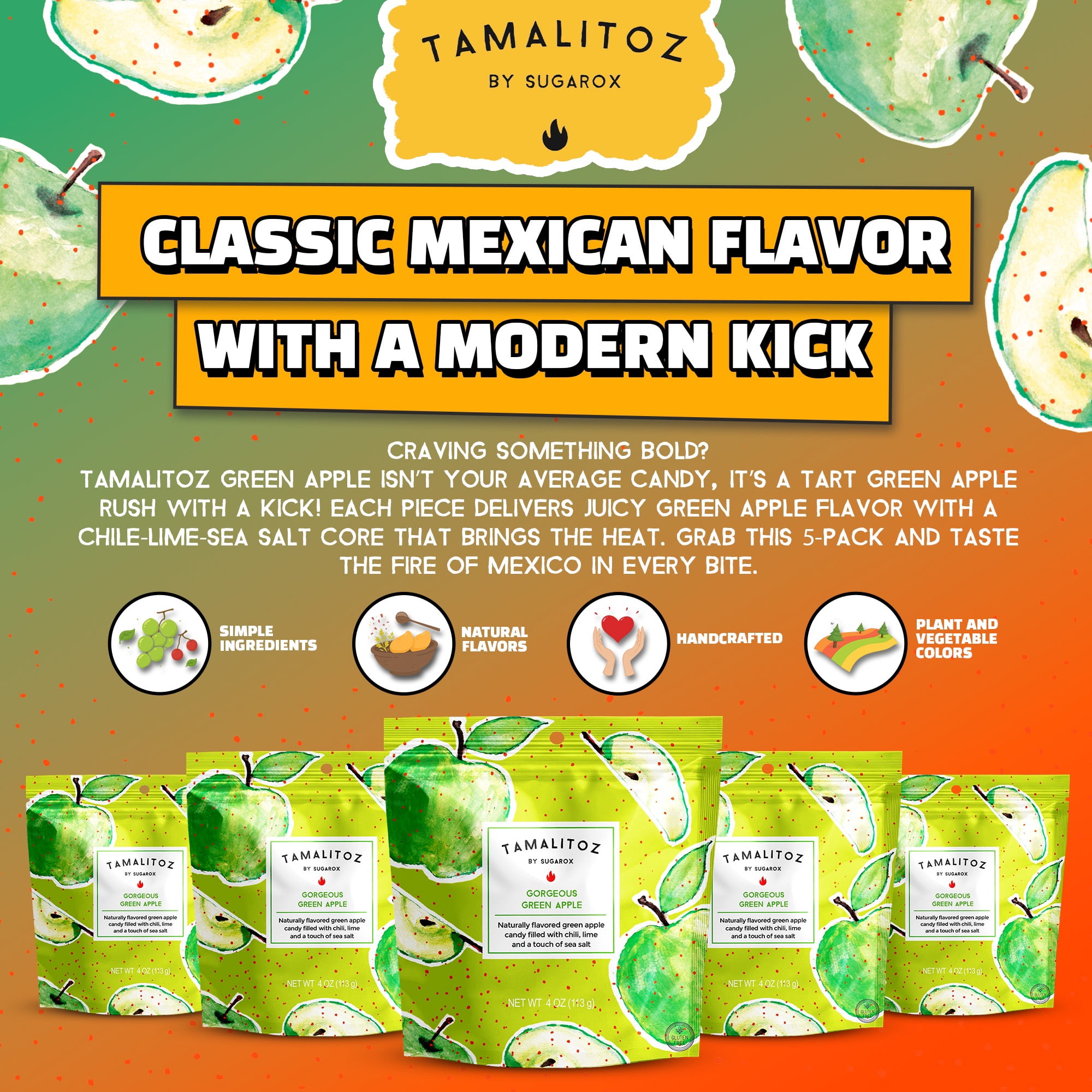 Tamalitoz Green Apple – Spicy Green Apple Mexican Hard Candy Filled with Chile, Lime & Sea Salt – Handcrafted Mexican Fruit Candy, Gluten-Free, Kosher, No Artificial Colors, 5 Bags – 4oz Each