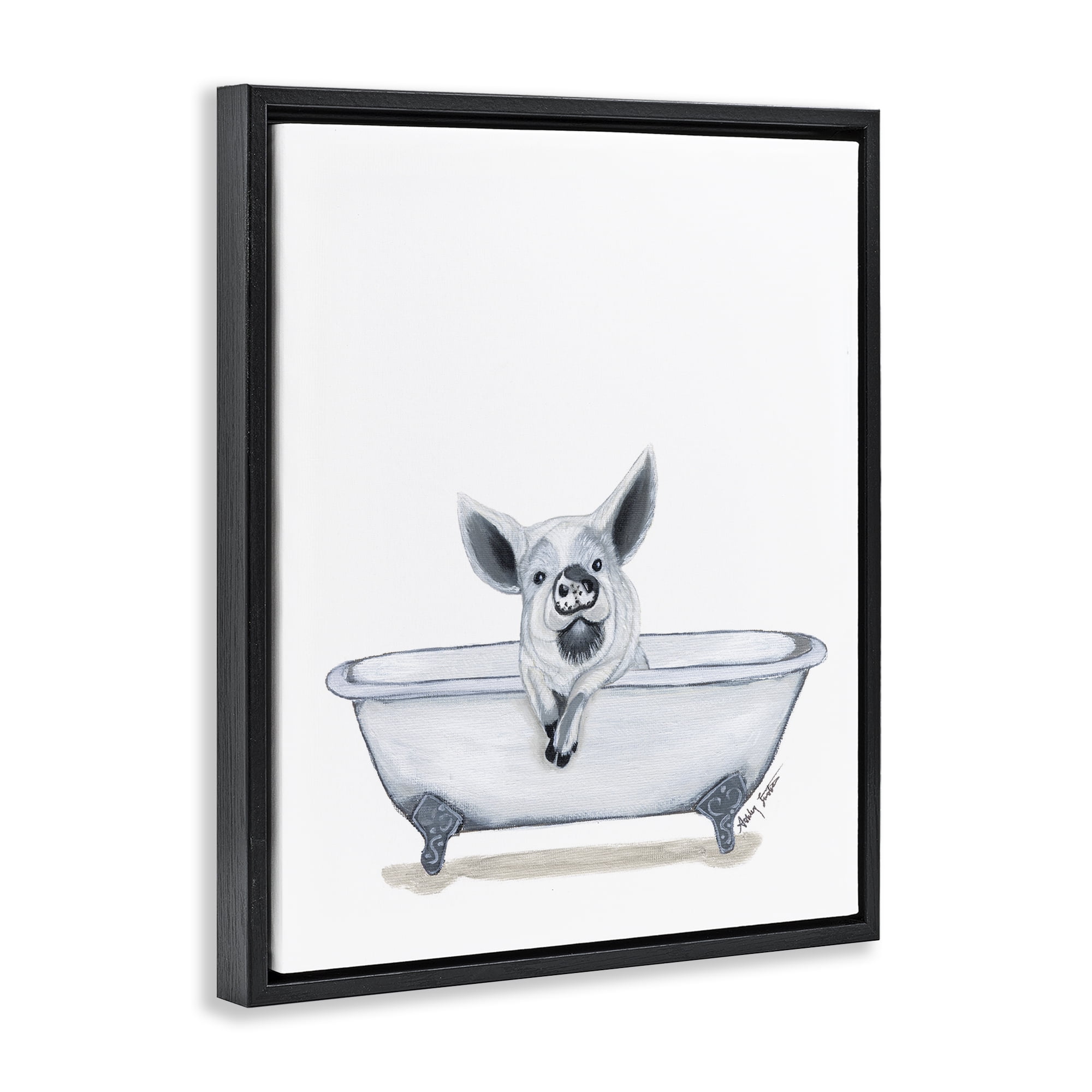 Stupell Industries Pig in Tub Sketch Bath & Laundry Painting Black Floater Framed Canvas Art Print Wall Art, 25 x 31