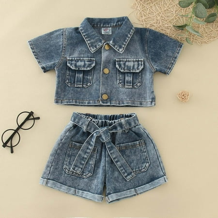

Wiueurtly Toddler Girls Summer Short Sleeved Denim Tops Solid Colour Shorts With Belt 3pcs Jean Suit Outfits Crop Shirt Girl
