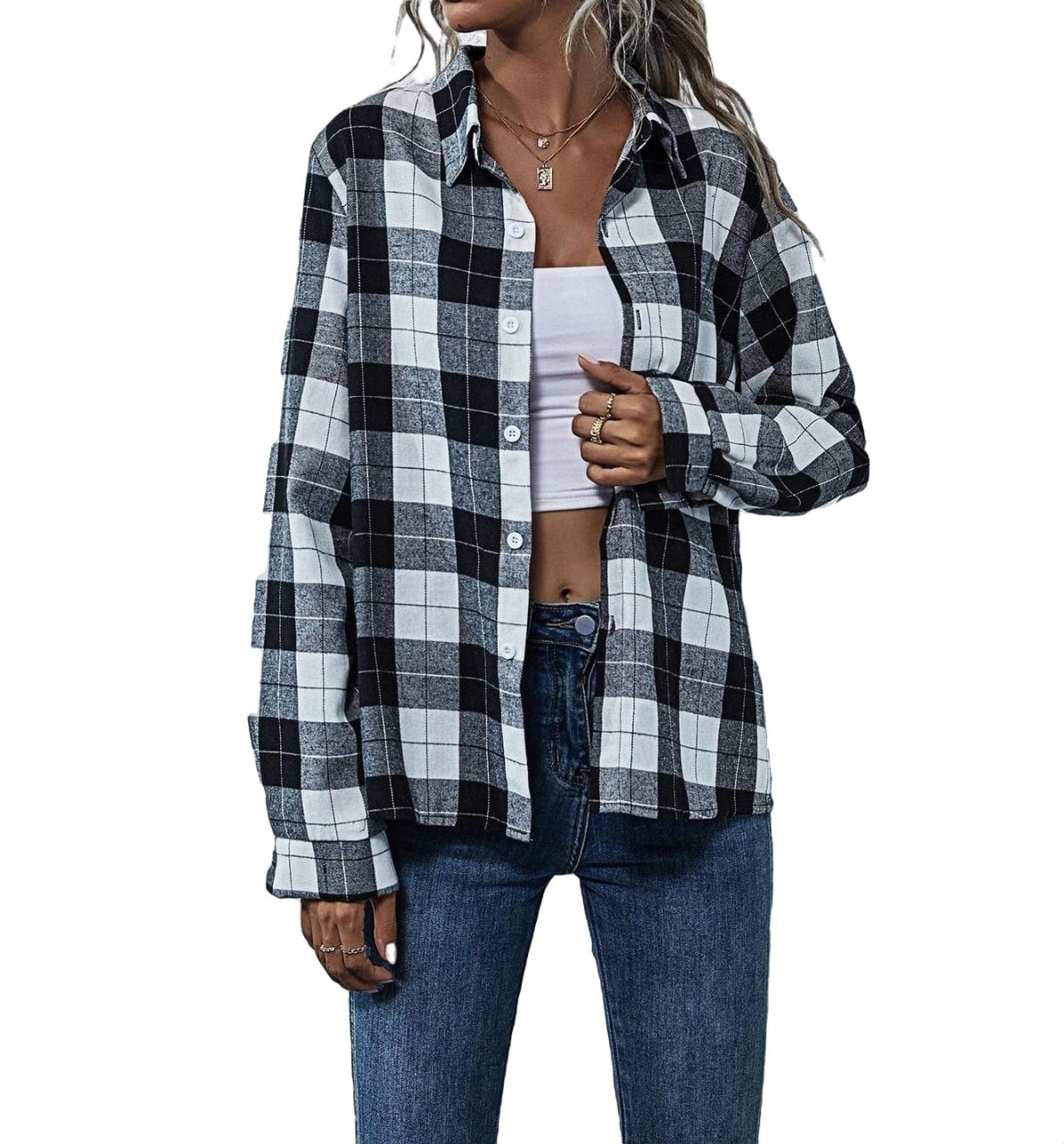 Womens Blouse Tops Button Front Plaid Shirt Black and White XS ...