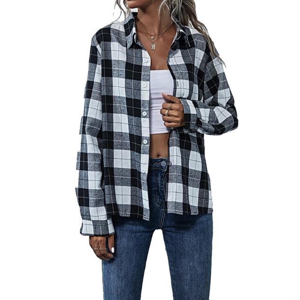 Womens Blouse Tops Button Front Plaid Shirt Black and White XS