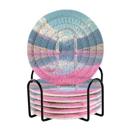 

6-Pack Coiled Coasters Set with Storage Rack Heat-Resistant for Home Office or Gift Pink and Purple Lake (3.94in Diameter)